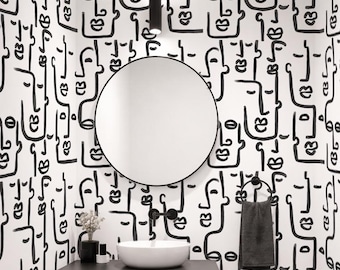 One line drawing wallpaper mural, Large face line removable wallpaper, Black and white bedroom wallpaper, Abstract wallpaper for walls