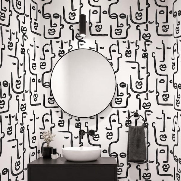 One line drawing wallpaper mural, Large face line removable wallpaper, Black and white bedroom wallpaper, Abstract wallpaper for walls