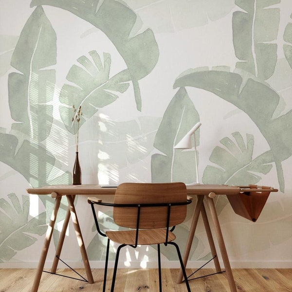 Banana leaf wallpaper, Removable wallpaper, Peel stick wallpaper with oversized banana leaves, Sage green wallpaper for baby room