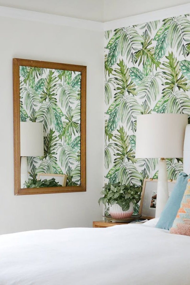 Wallpaper with Monstera leaves pattern, Removable Wallpaper, Monstera leaves Wallpaper, Exotic Wall Sticker, Tropical leaf prints, 102 image 3