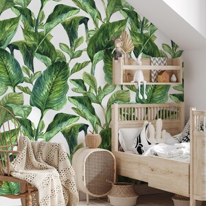 Removable wallpaper with Banana leaf print, Banana leaves peel and stick wallpaper, tropical leaf removable wallpaper for nursery image 3