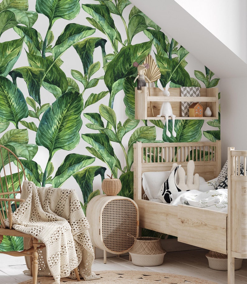 Removable wallpaper with Banana leaf print, Banana leaves peel and stick wallpaper, tropical leaf removable wallpaper for nursery image 3