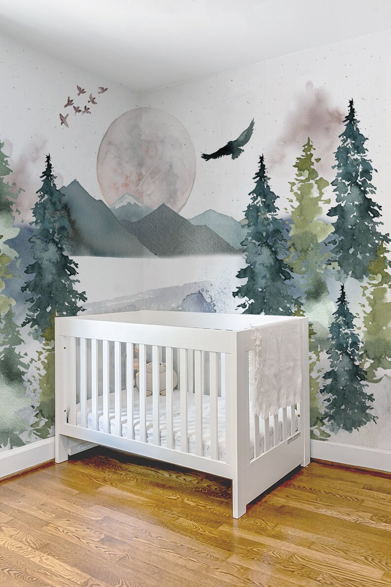 Forest nursery wallpaper Nursery name sign Watercolor Etsy