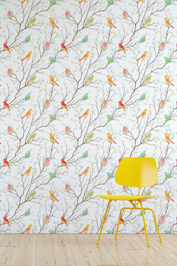 Wallpaper with colorful birds pattern Removable wallpaper | Etsy