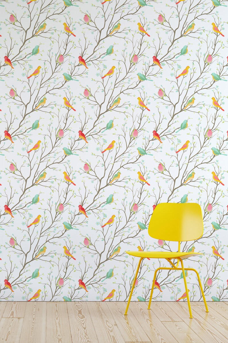 Wallpaper with colorful birds pattern Removable wallpaper Etsy