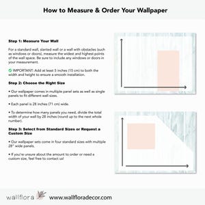 May include: A guide on how to measure and order wallpaper. The guide includes a diagram showing how to measure a wall with obstacles, and a diagram showing how to measure a wall with a slanted angle. The guide also includes information on how to choose the right size and how to select from standard sizes or request a custom size.