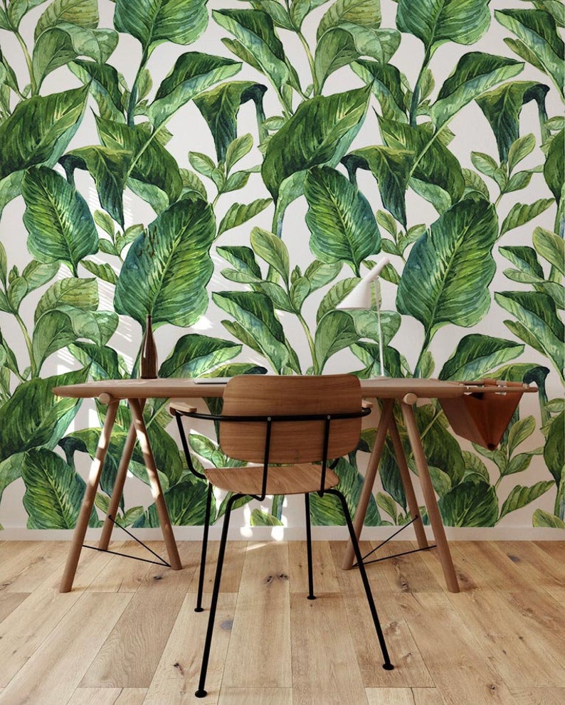 Tropical wallpaper, Leaves peel stick wallpaper, Palm leaves wallpaper, Tropical wall mural, Palm leaves removable wallpaper, WFL023 image 3