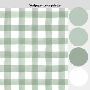 May include: A green and white gingham pattern wallpaper with a color palette of three shades of green and white.