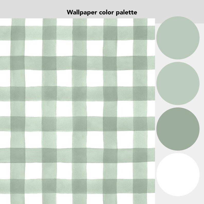 May include: A green and white gingham pattern wallpaper with a color palette of three shades of green and white.