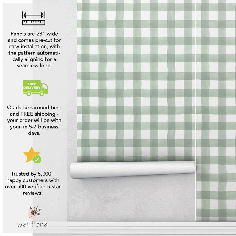 May include: A roll of green and white gingham wallpaper with a textured, watercolor-like finish. The wallpaper is 28 inches wide and comes pre-cut for easy installation. The text "FREE DELIVERY" is visible on the left side of the image.