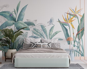 Sage green botanical wallpaper mural, Tropical inspired statement wallpaper, Leaf wallpaper with peel and stick application, WFL275