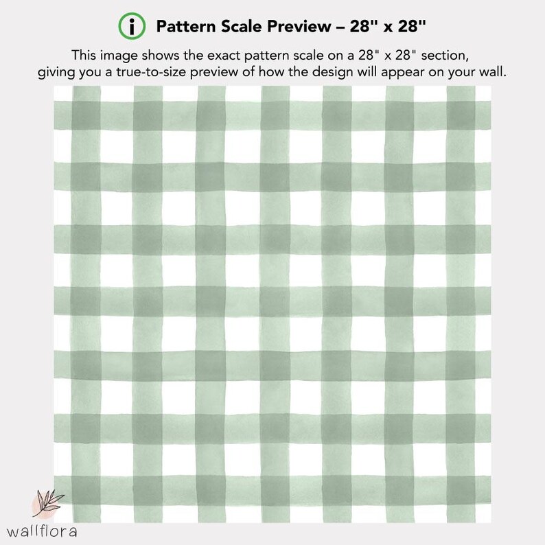 May include: A green and white gingham pattern, shown at a scale of 28 inches by 28 inches. This image shows the exact pattern scale on a 28" x 28" section, giving you a true-to-size preview of how the design will appear on your wall.