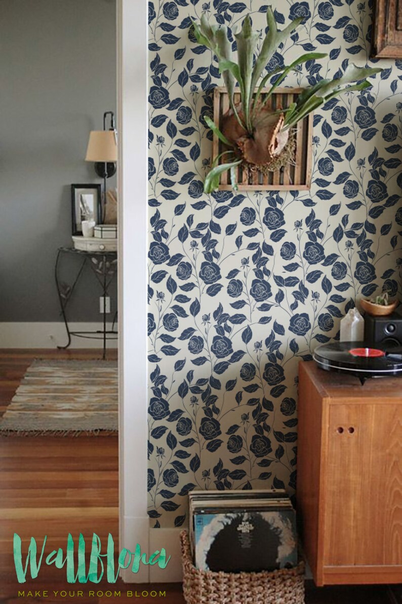 Floral wall mural 173 Dark blue garden rose wall sticker Dark blue garden rose wall covering Dark blue flower nursery wallpaper