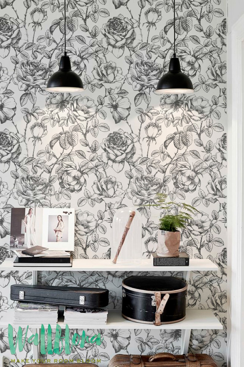 Peel and Stick Wallpaper With Black and White Roses Prints - Etsy