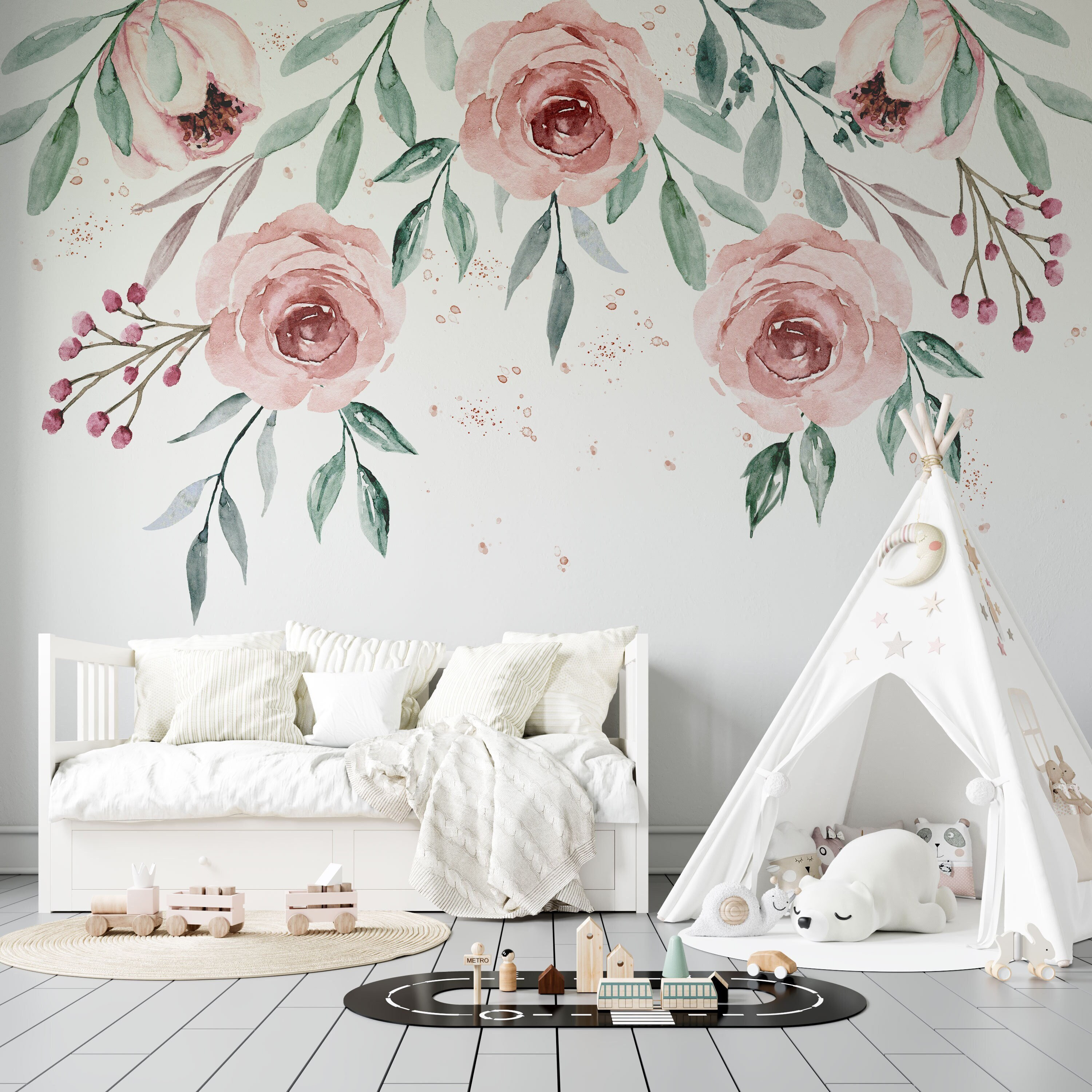 Floral Nursery Wallpaper, Nursery Name Sign, Watercolor Nursery ...