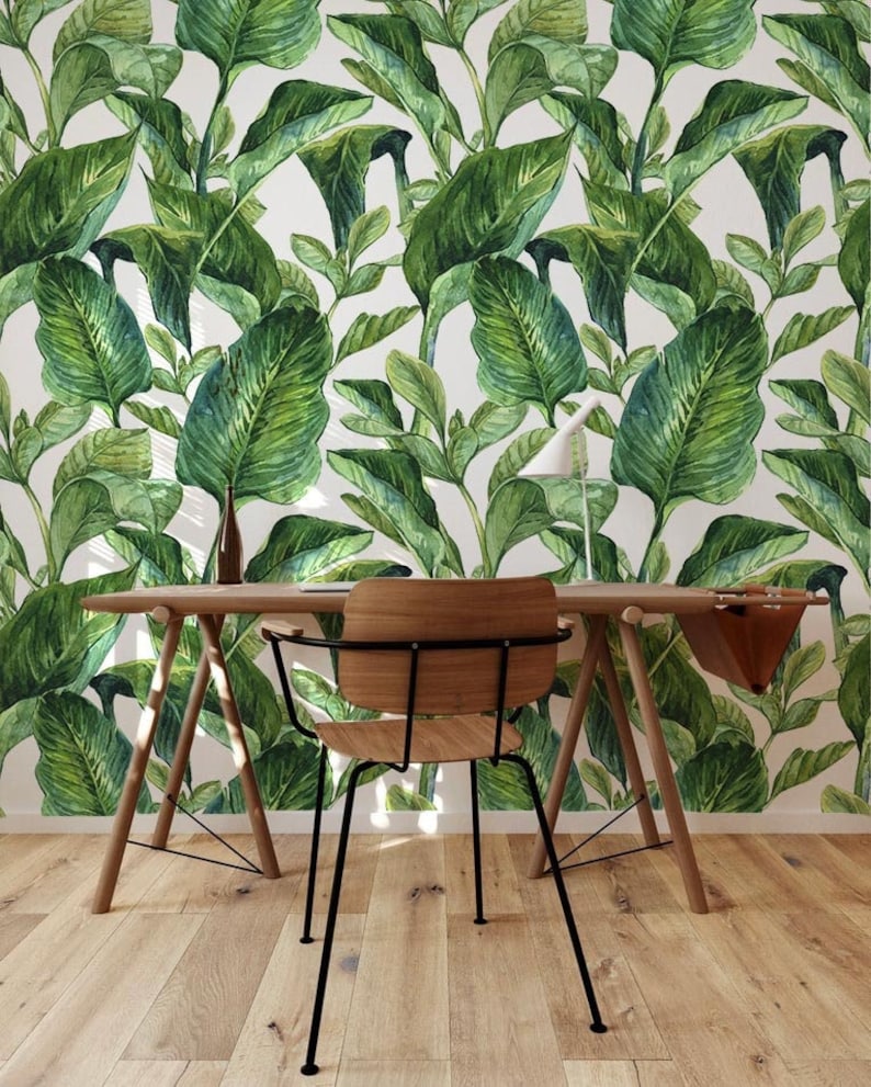 Removable wallpaper with Banana leaf print, Banana leaves peel and stick wallpaper, tropical leaf removable wallpaper for nursery image 1