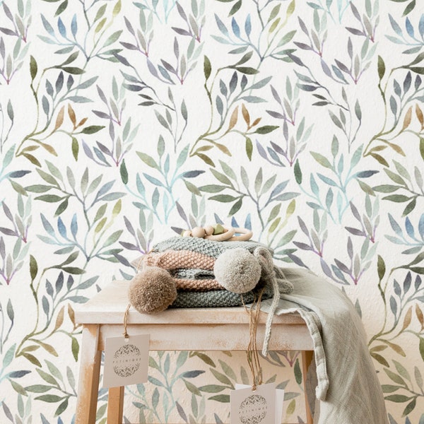 Botanical removable Wallpaper, Peel and Stick wallpaper, Botanical Self-adhesive Wallpaper, Watercolor wallpaper with Leaves Pattern, 209