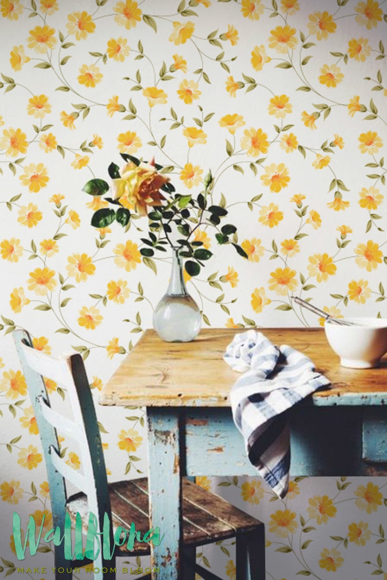 Yellow wallpaper Floral removable wallpaper Self adhesive | Etsy