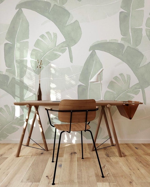 Banana leaf wallpaper, Removable wallpaper, Peel stick wallpaper with oversized banana leaves, Sage green wallpaper for baby room