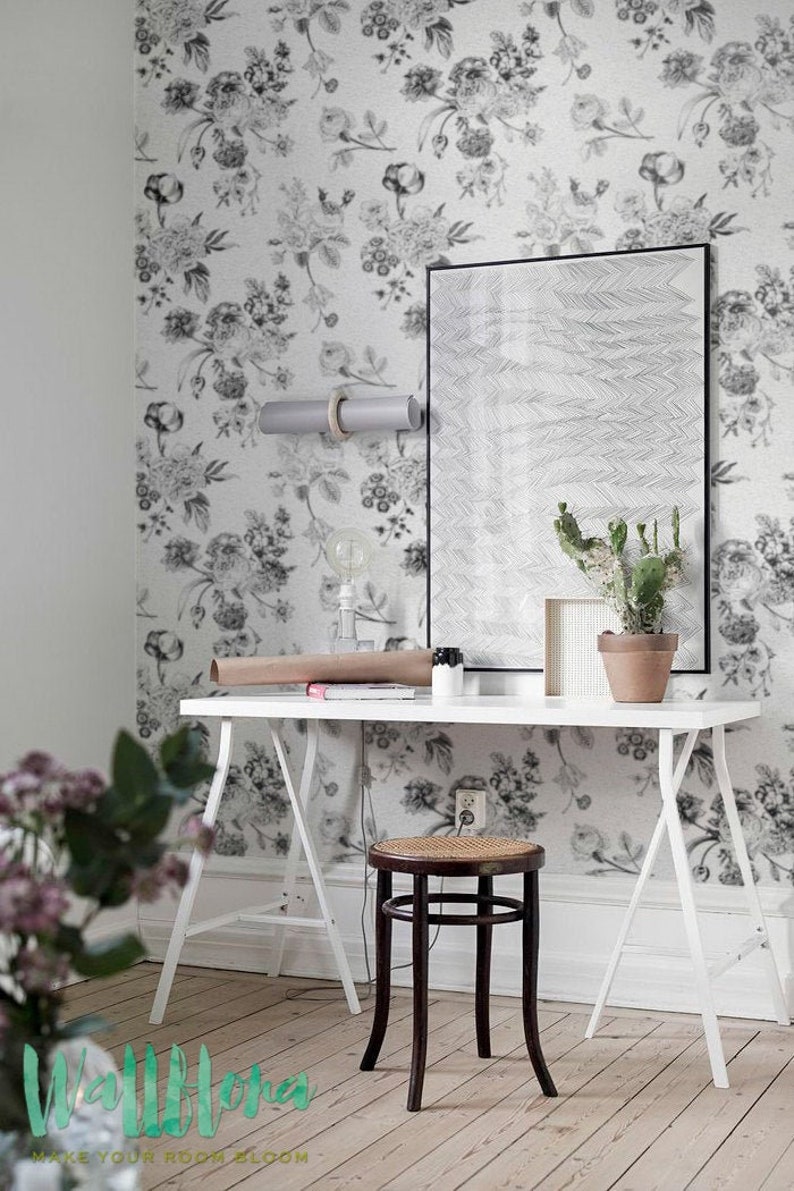 Wallpaper with black and white floral prints Floral wallpaper | Etsy