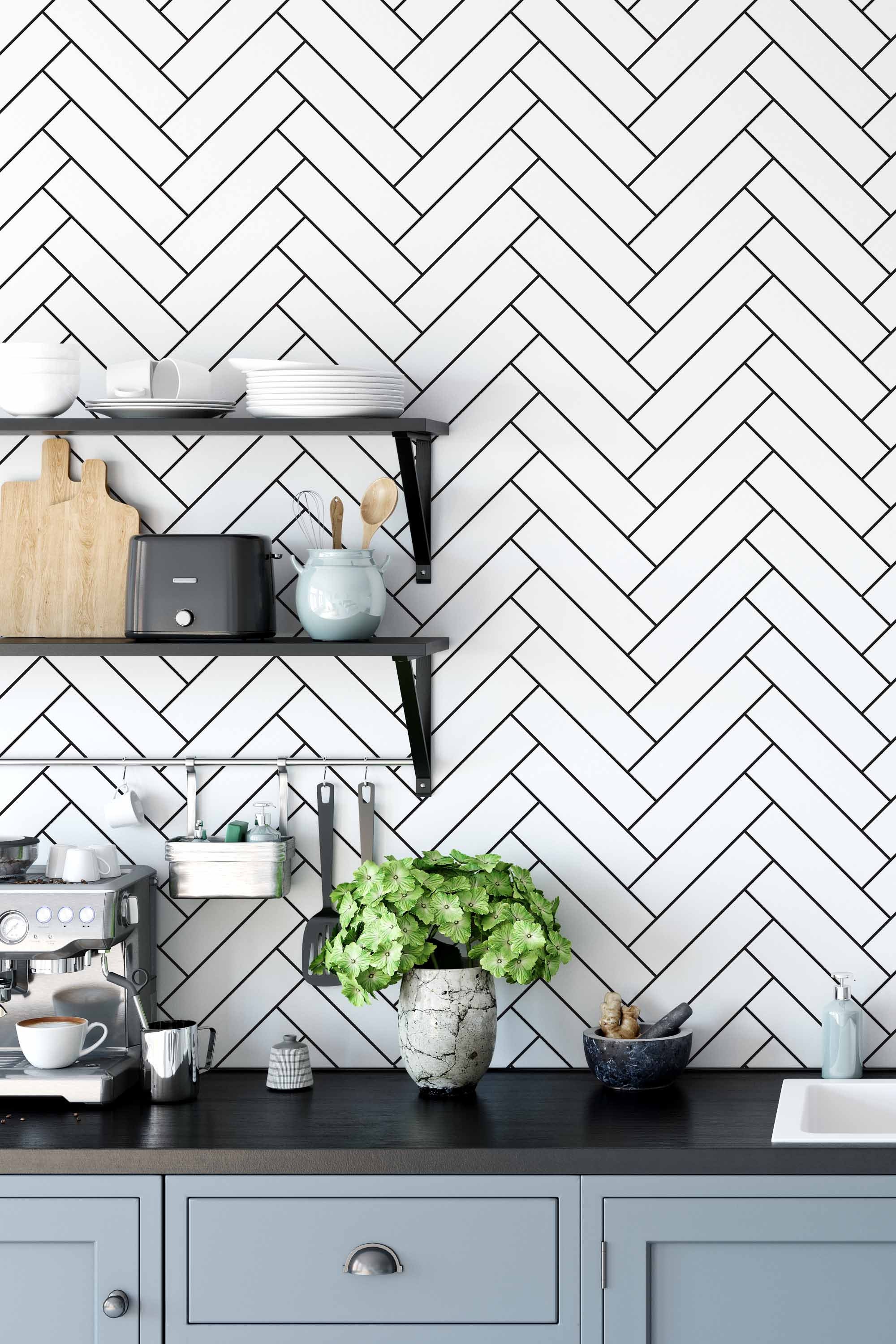 Removable Wallpaper With Herringbone Pattern Black and White Etsy