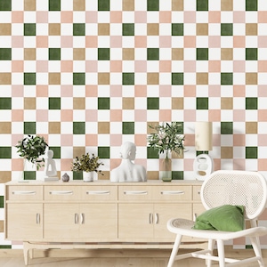 Retro checkered watercolor peel and stick wallpaper, Watercolor checker wallpaper for an accent wall, Green and Pink Checker wallpaper