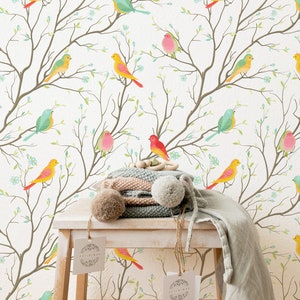 Papel pintado con estampado de pájaros de colores, Papel pintado extraíble con estampado de pájaros, Adhesivo de pared de pájaros de colores, Papel pintado de pájaros, 176 imagen 1