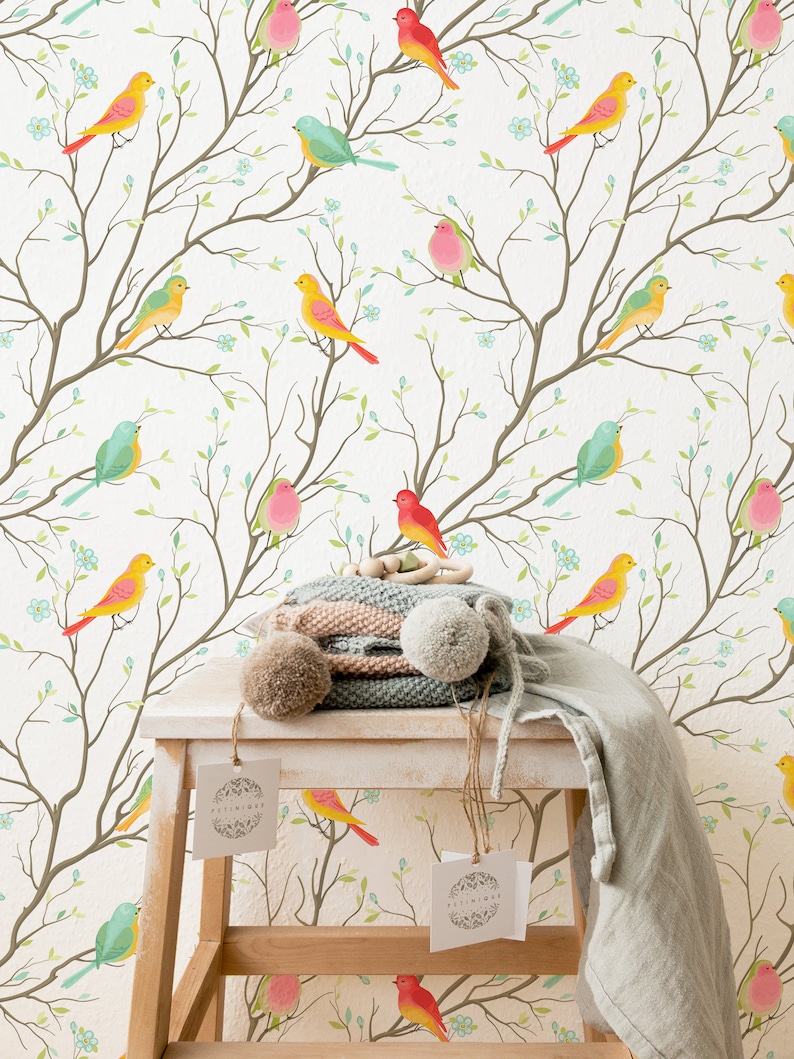 Wallpaper with colorful birds pattern Removable wallpaper | Etsy
