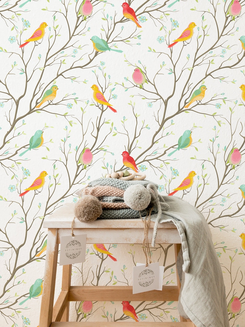 Papel pintado con estampado de pájaros de colores, Papel pintado extraíble con estampado de pájaros, Adhesivo de pared de pájaros de colores, Papel pintado de pájaros, 176 imagen 1