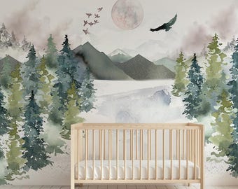 Forest nursery wallpaper, Nursery name sign, Watercolor nursery wallpaper, Custom forest peel and stick wallpaper, Baby nursery wallpaper