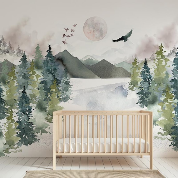 Forest nursery wallpaper, Nursery name sign, Watercolor nursery wallpaper, Custom forest peel and stick wallpaper, Baby nursery wallpaper