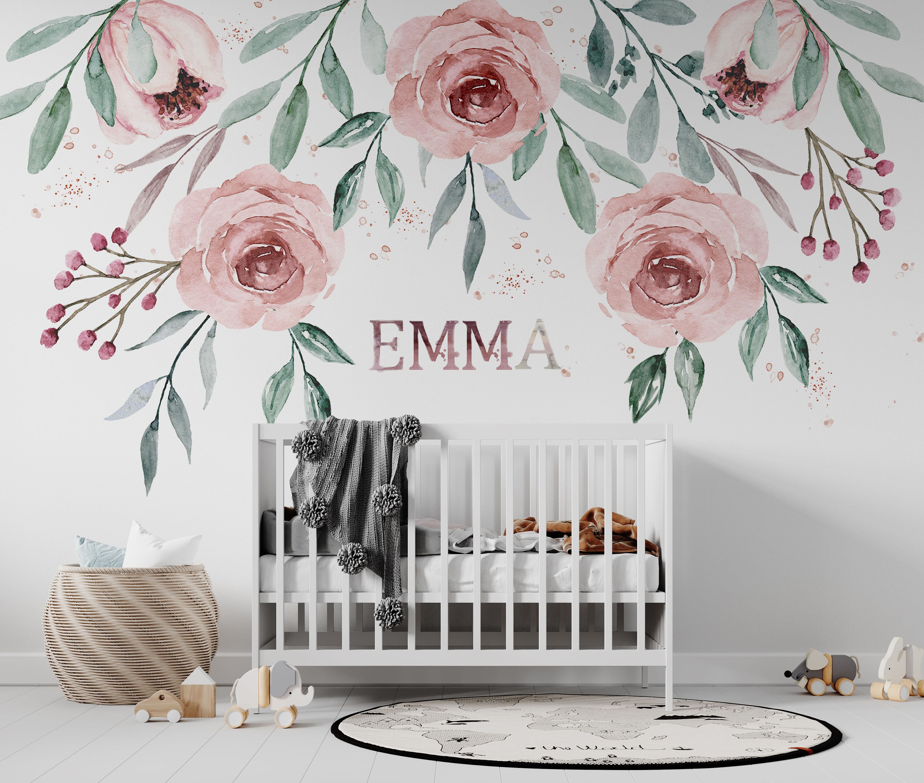 Floral Nursery Wallpaper, Nursery Name Sign, Watercolor Nursery ...