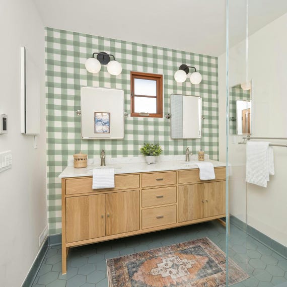 Sage Gingham Farmhouse Wallpaper, Neutral Peel and Stick Wallpaper for Nursery,  funky wallpaper for bathroom, WFL196