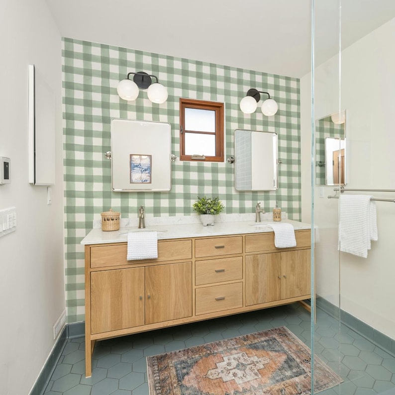 Sage Gingham Farmhouse Wallpaper, Neutral Peel and Stick Wallpaper for Nursery, funky wallpaper for bathroom, WFL196 image 1