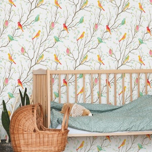 Wallpaper With Colorful Birds Pattern, Removable Wallpaper With Birds