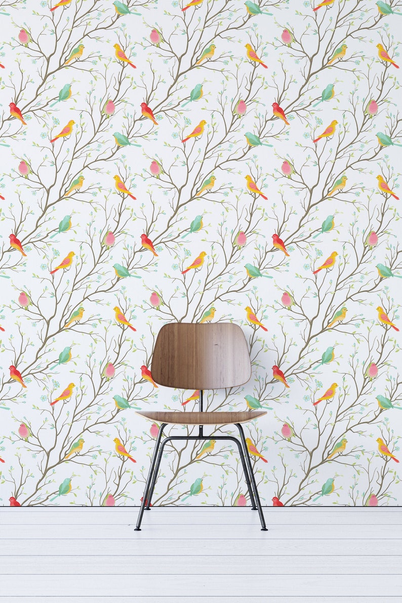 Papel pintado con estampado de pájaros de colores, Papel pintado extraíble con estampado de pájaros, Adhesivo de pared de pájaros de colores, Papel pintado de pájaros, 176 imagen 3