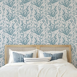 Blue coastal peel and stick wallpaper with coral pattern, Nautcial removable wallpaper, 437