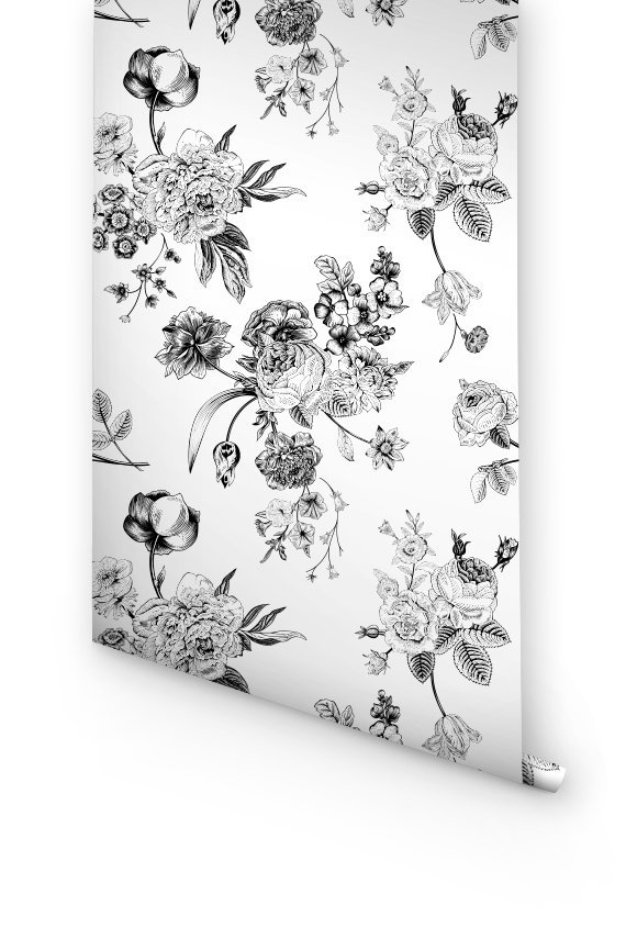 Wallpaper With Black and White Floral Prints Floral Wallpaper Etsy