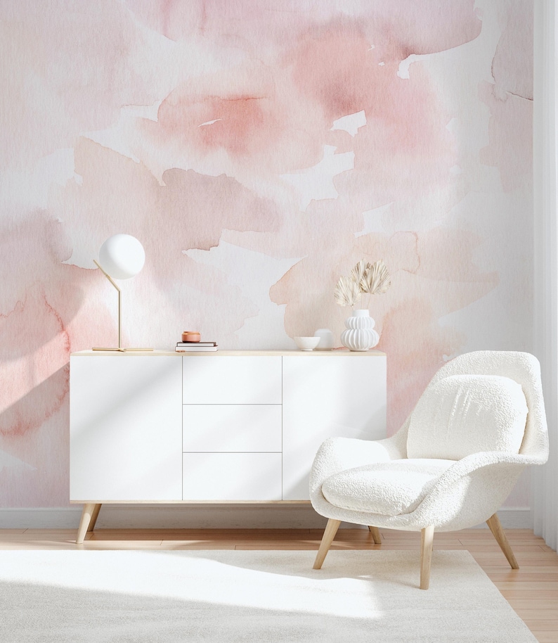 Watercolor abstract removable wallpaper, Pink watercolor peel and stick wallpaper, Watercolor wallpaper for nursery, Girl nursery, WFL113 image 1