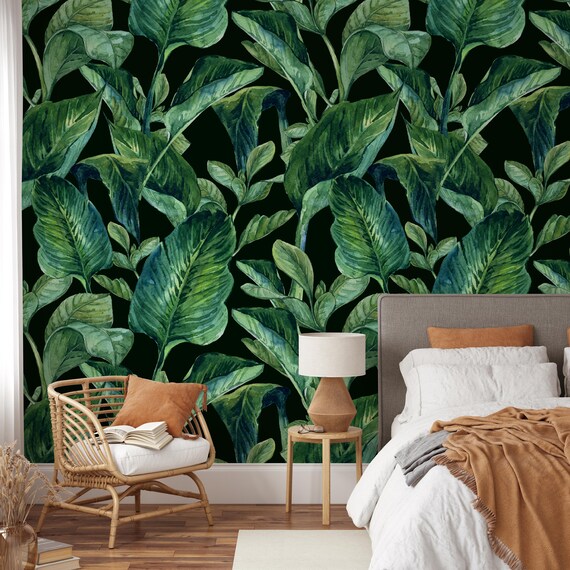 Sketch banana leaves wallpaper peel and stick monochrome tropical leaf nursery decor mural removable custom color dimensions
