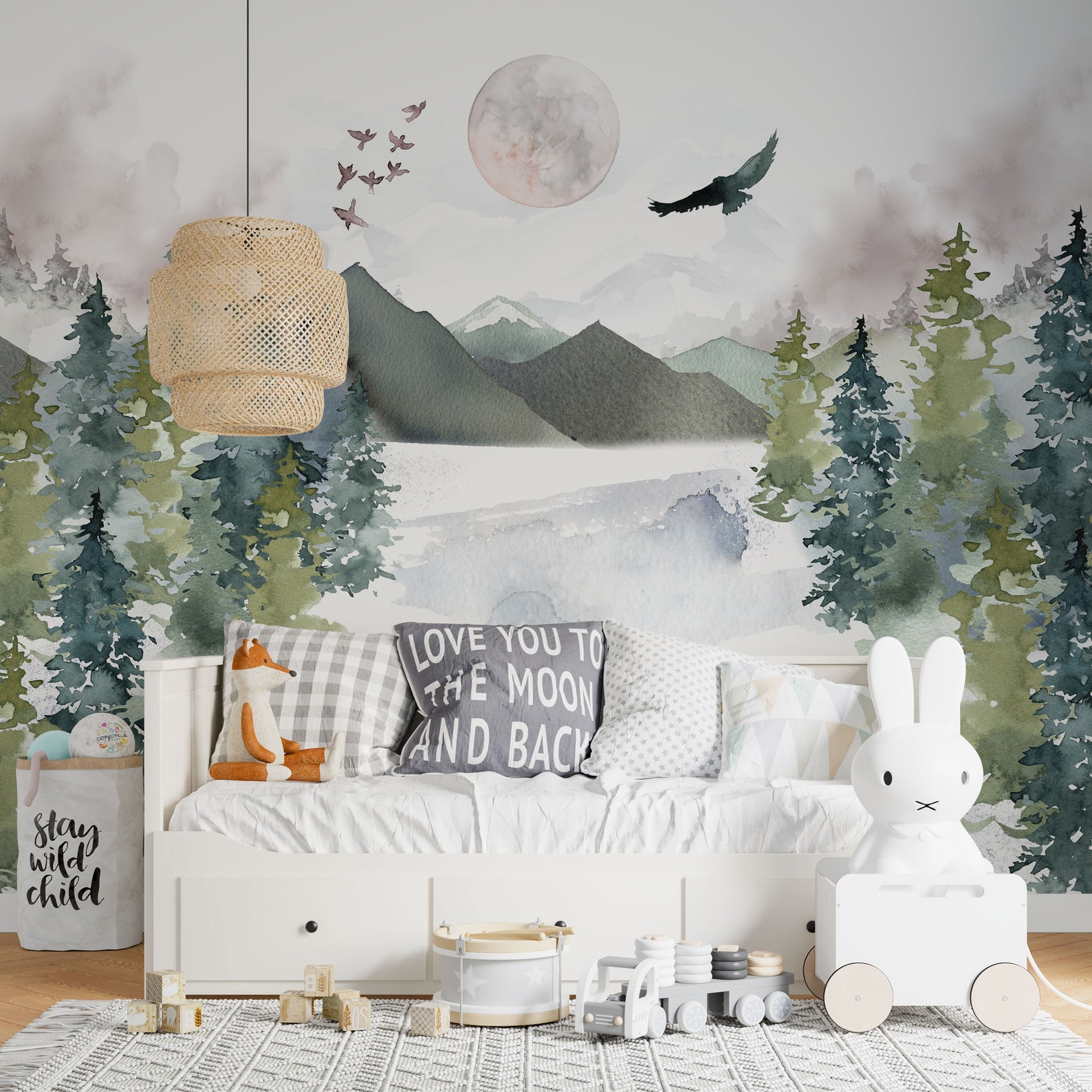 Forest Nursery Wallpaper, Nursery Name Sign, Watercolor Nursery