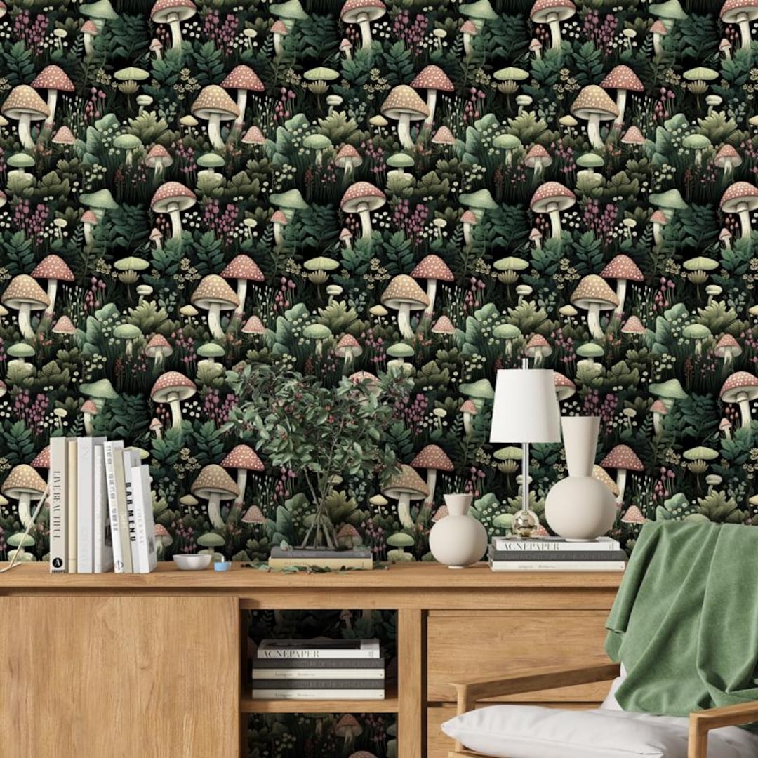 Moody Mushroom Wallpaper, Dark Green Botanical Wallpaper, Dark Academia ...