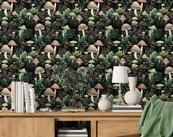 Moody mushroom wallpaper, Dark Green Botanical Wallpaper, Dark academia wallpaper, Vintage peel and stick wallpaper, 448