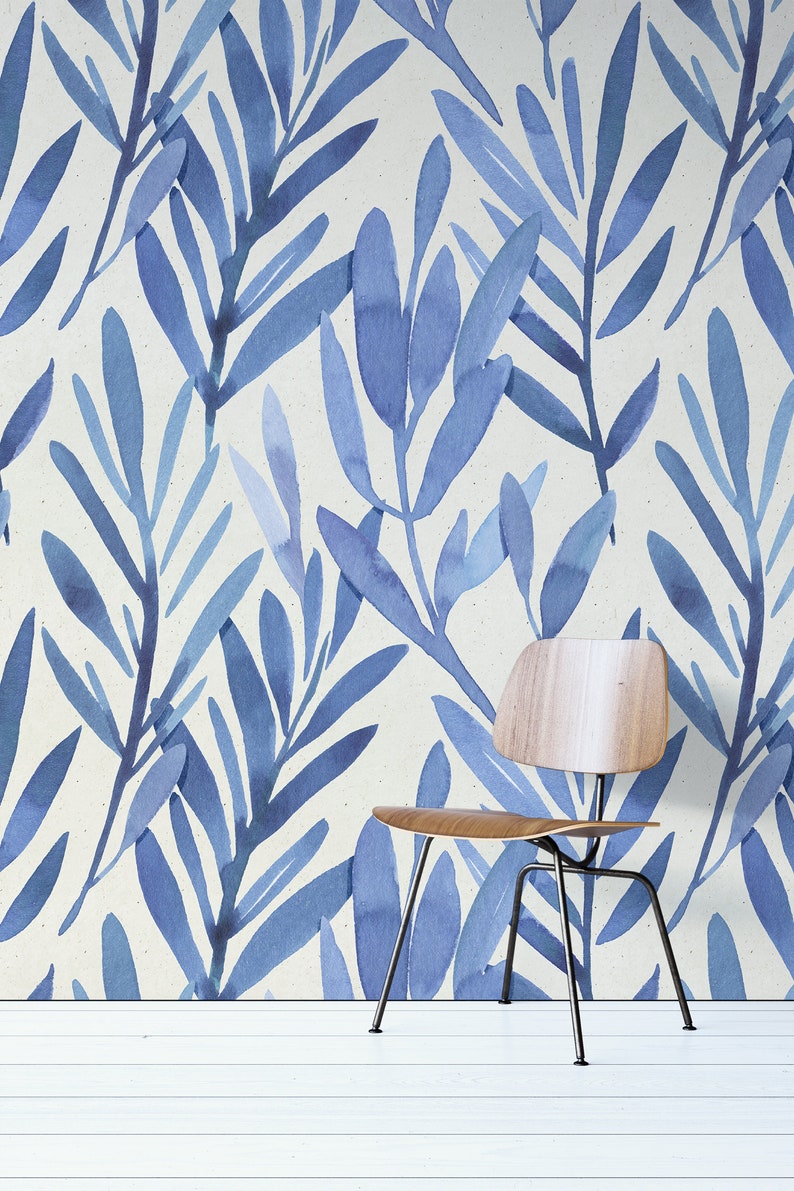 Wall Mural With Blue Watercolor Leaves Temporary Wall Mural Etsy