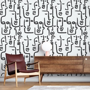 One line drawing wallpaper mural, Large face line removable wallpaper, Black and white bedroom wallpaper, Abstract wallpaper for walls