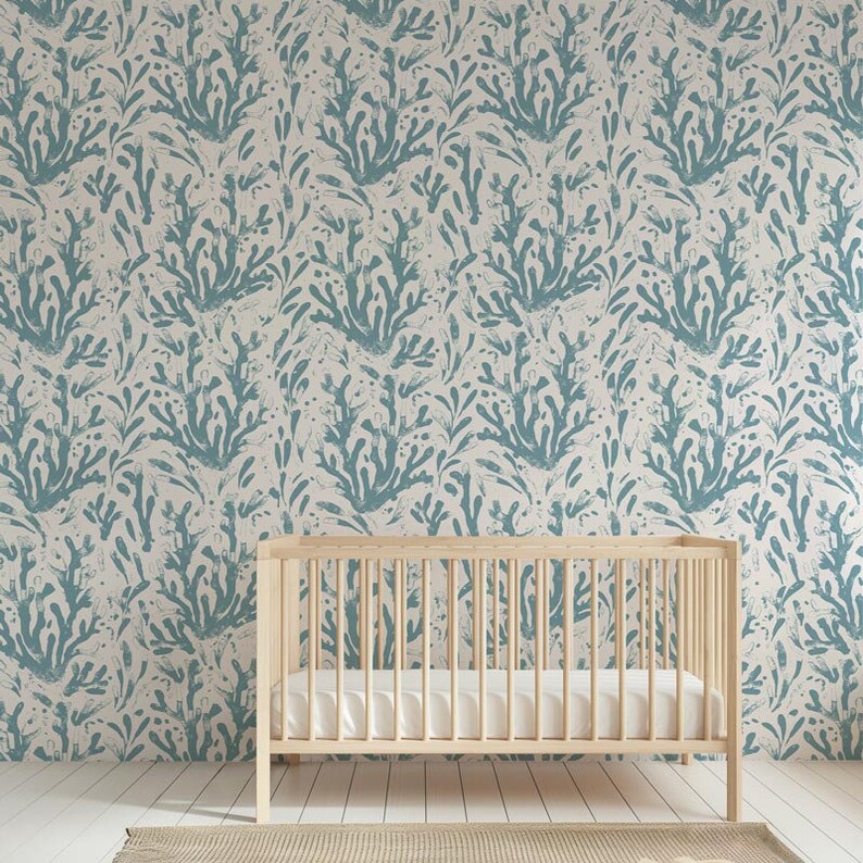 Buy Blue Coastal Peel and Stick Wallpaper With Coral Pattern, Nautcial