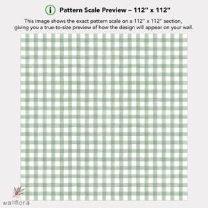 May include: A green and white gingham pattern preview, showing the exact scale of the pattern on a 112 inch by 112 inch section.