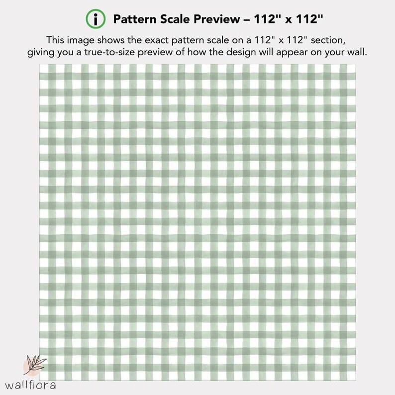 May include: A green and white gingham pattern preview, showing the exact scale of the pattern on a 112 inch by 112 inch section.