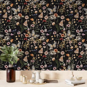 Moody Floral Botanical Wallpaper, Dark Cottagecore Peel and Stick Wallpaper, Floral Dark Academia Wallpaper, Maximalist Decor, 455