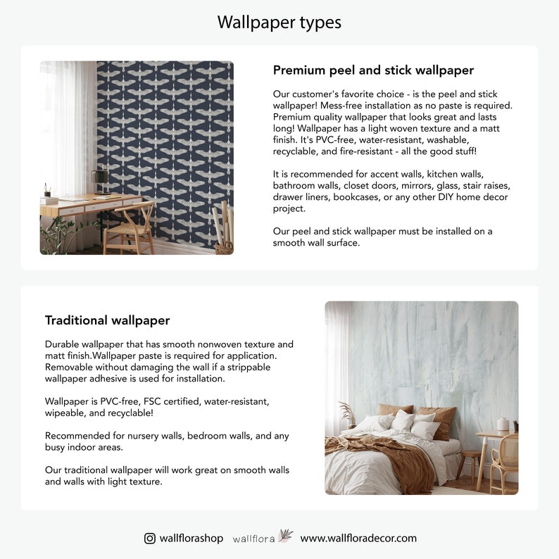 May include: Two different types of wallpaper are shown. The first is a premium peel and stick wallpaper with a dark blue background and a white pattern of stylized birds. The second is a traditional wallpaper with a light brown background and a white, textured pattern. The text "Wallpaper types" is at the top of the image.